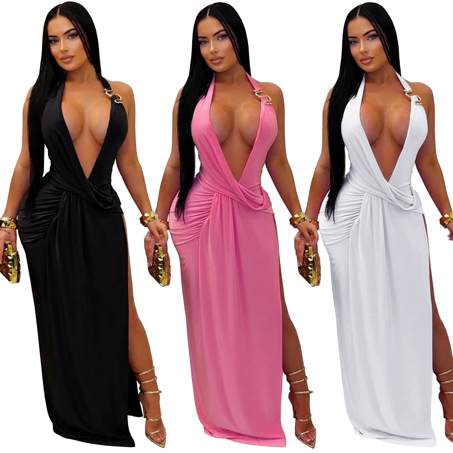 Femme de mode européenne et américaine Sexy Deep V Halter Bodycon Robe sans dos