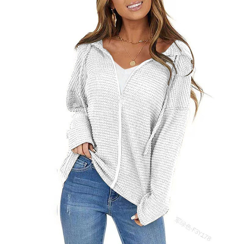 Femmes Waffle Knit Zip Up Hoodie Long Sleeve Drawstring Loose Casual Sweatshirt à capuche Jack