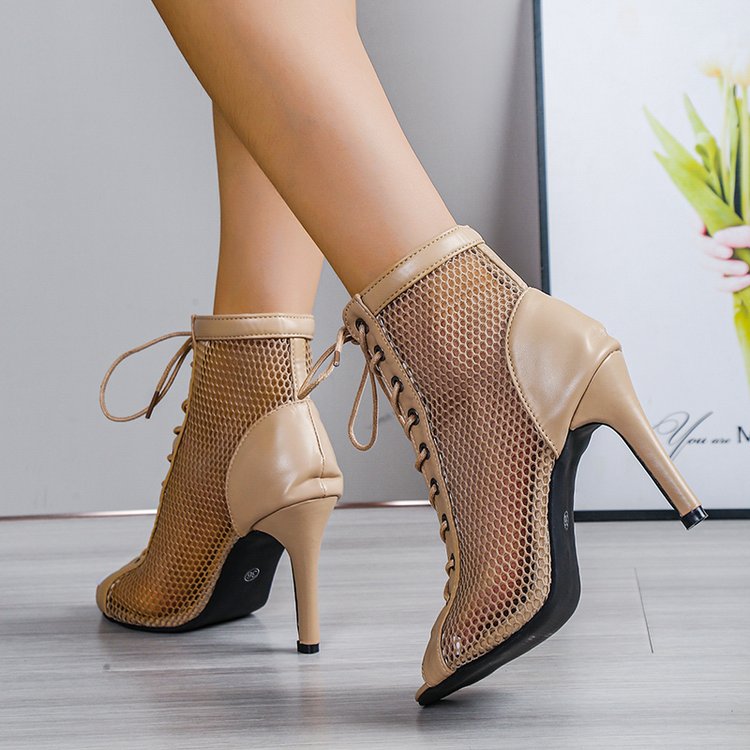Femmes Mode Européen Dentelle Américaine Haut Mesh Peep Toe Haut Talon Sandales Stiletto Talon Cool