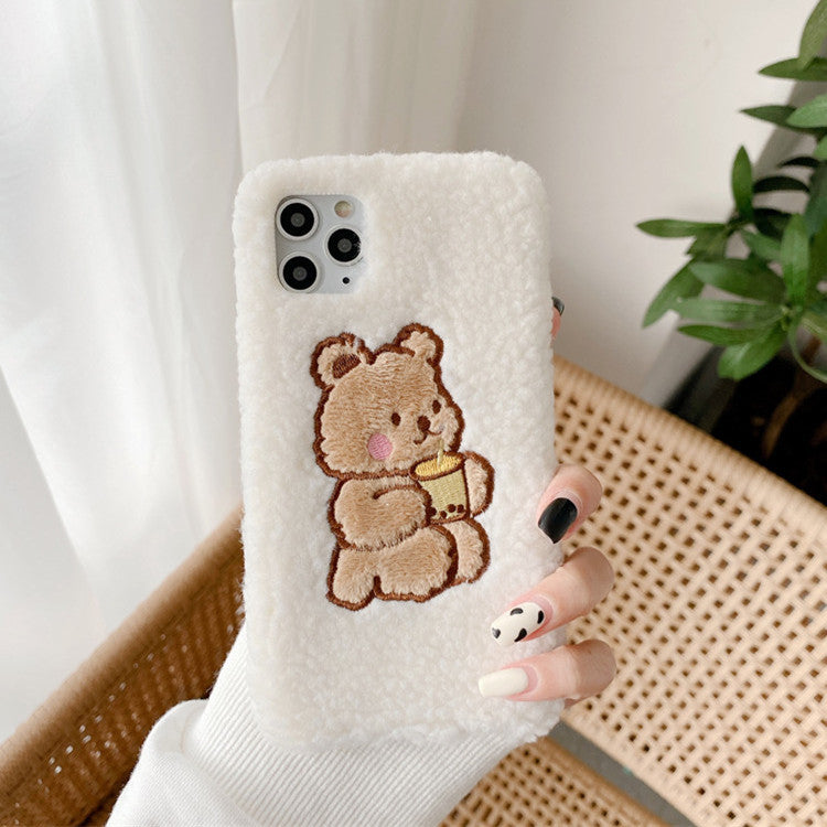 Téléphone mobile coque mignon dessin animé ours laine d'agneau velours broderie