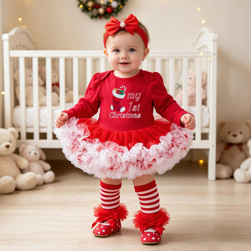 Bébé Noël à manches longues Robe de Romper rouge Tulle Une pièce Ensemble de quatre pièces