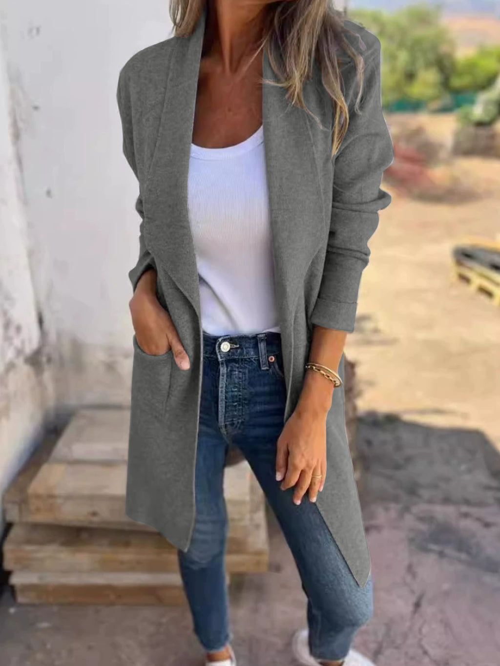 Femmes Waterfall Lapel Ouvert Avant Coat Longue Manche Loose Mid Longueur Veste Casual Outerwear