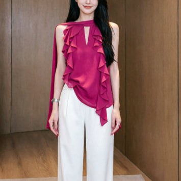 Chemise française sans manches volante pour femme