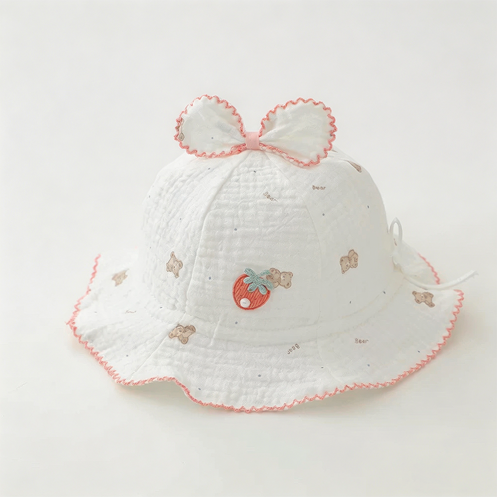 Summer Baby Bear Print Chapeau Bow avec bride frisée et broderie aux fraises