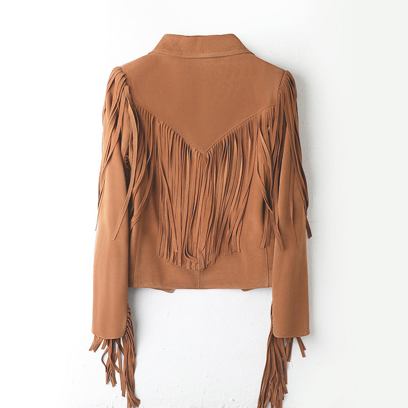 Veste de moto courte en cuir véritable Suede Lapel Tassel