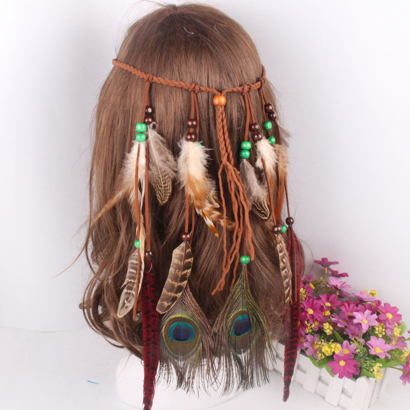 Peacock plume corde en cuir pendentif cheveux ornement