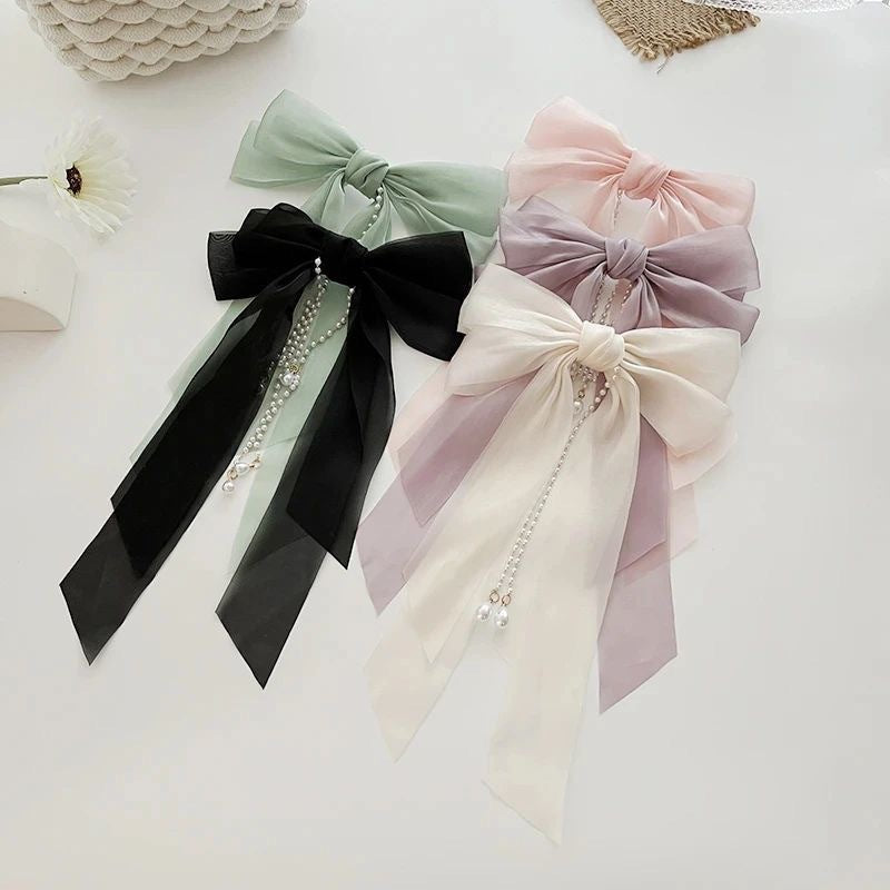 Ethereal Bow Pearl Tassel Clip Cheveux Femmes Ribbon Updo Élégant ressort Clip Cheveux Accessoire