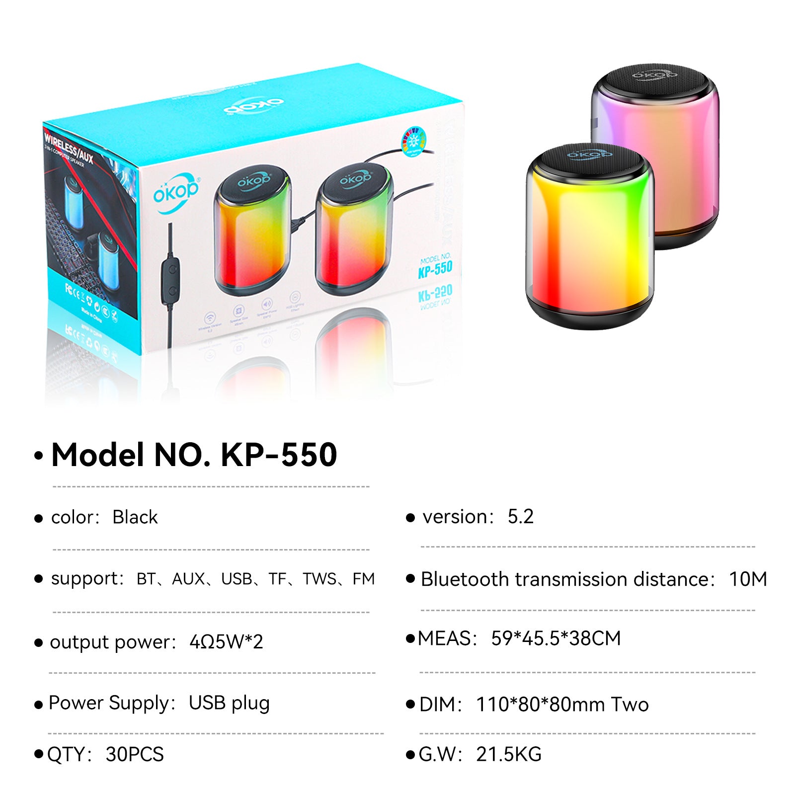 KP-550 Haut-parleur Bluetooth avec éclairage ambiant RGB Bestseller Low-Latency Desktop Stereo S