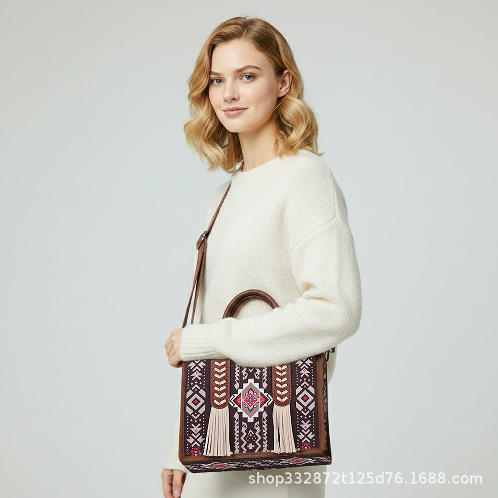 Bohemian Ethnic-Style Tassel Statement Toile Large-Capacity Crossbody Bag