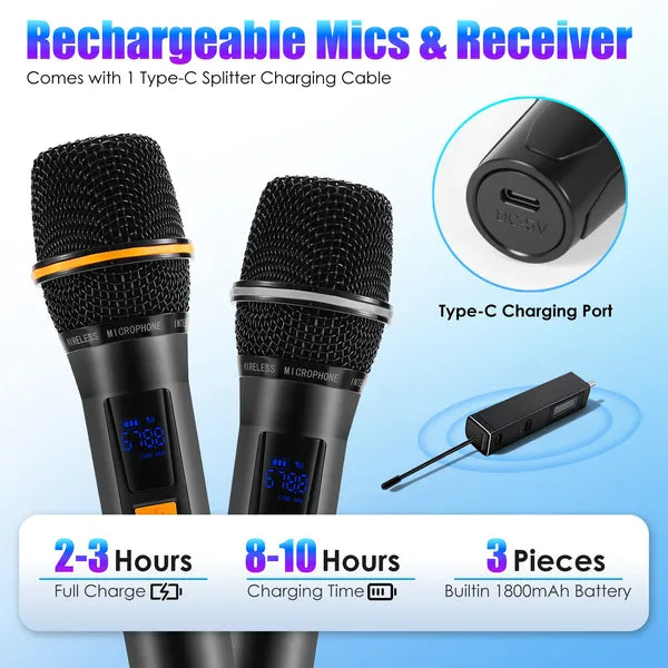 Microphones sans fil UHF Microphones sans fil rechargeables Mics à main métallique Wit
