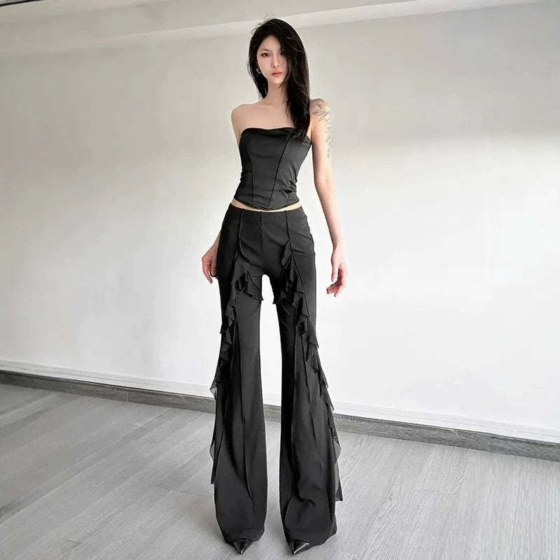Pantalons à éclats de couleur solide polyvalente avec lignes de flot Délicate Dentelle Détail