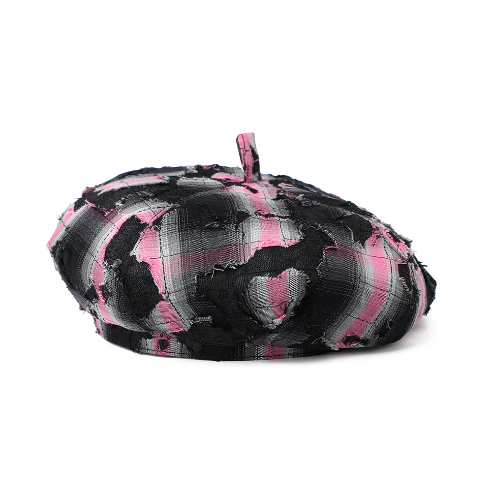 La Dame Détressed Check-pattern Fringed Trend-forward Patch-dyed Checkered Beret est Pe