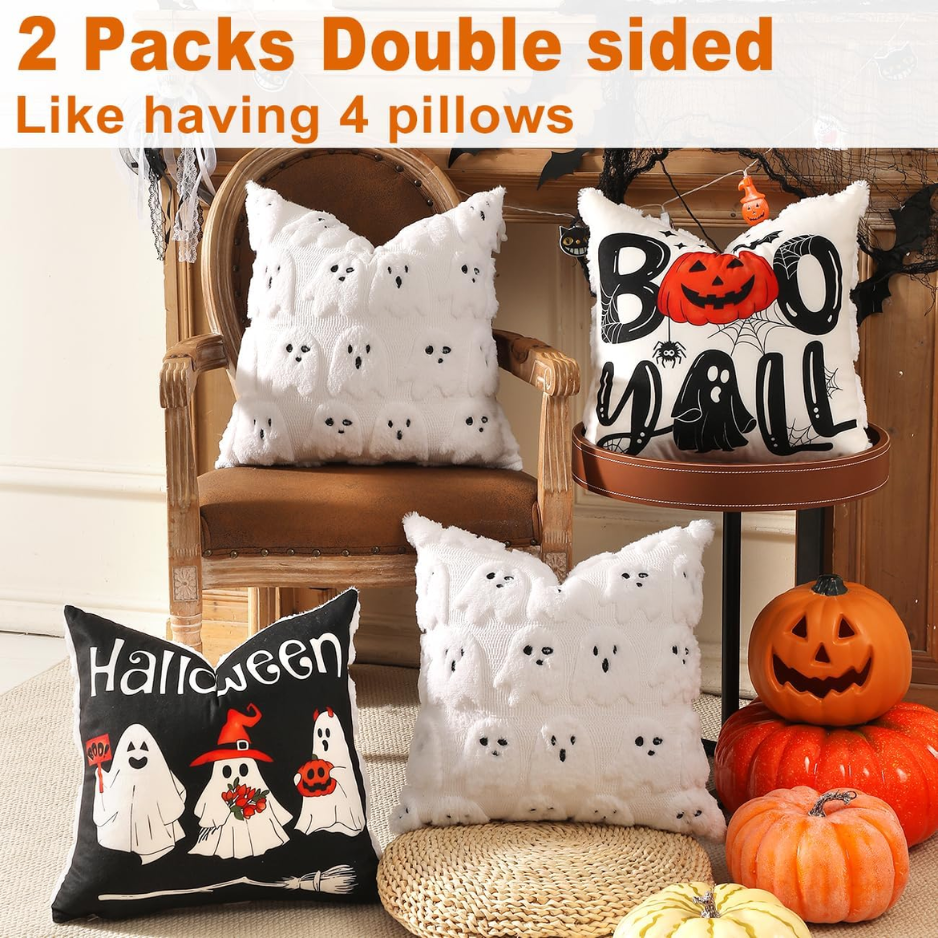 Oreiller d'Halloween couvre 18x18 2Pcs double face mignon Ghost Decor