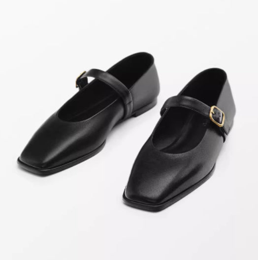 Chaussures en cuir véritable carré-orteil plat pour les femmes avec bouche peu profonde et une seule sangle
