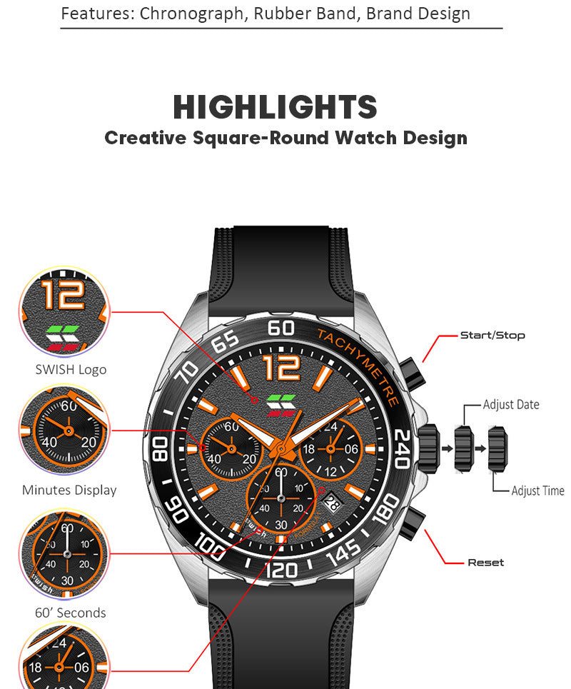 Bracelet en caoutchouc mince Montres Quartz horloge de mode Six-pin Timing Sports Wrist