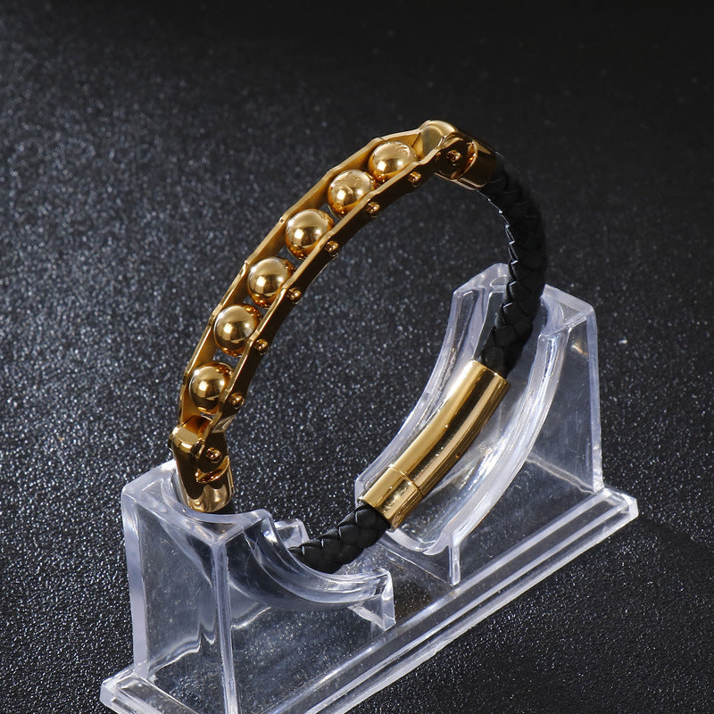 Bracelet en cuir tressé en acier inoxydable rotatif pour homme