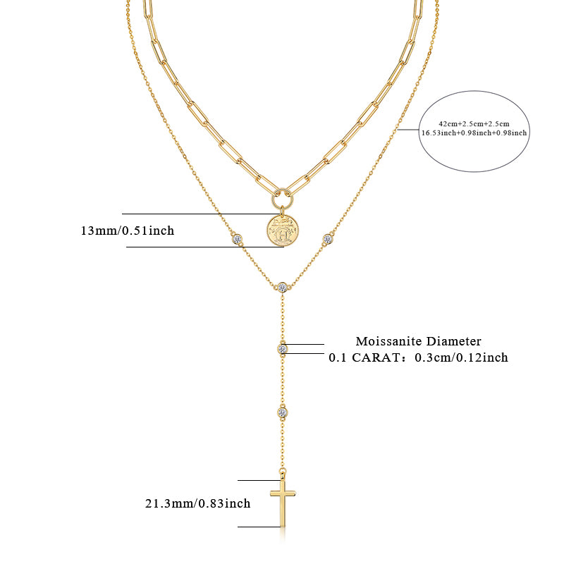 S925 Argent Sterling 0.1ct Collier en couches de Moissanite 14,4g Pendentif de pièce transversale Collier Y
