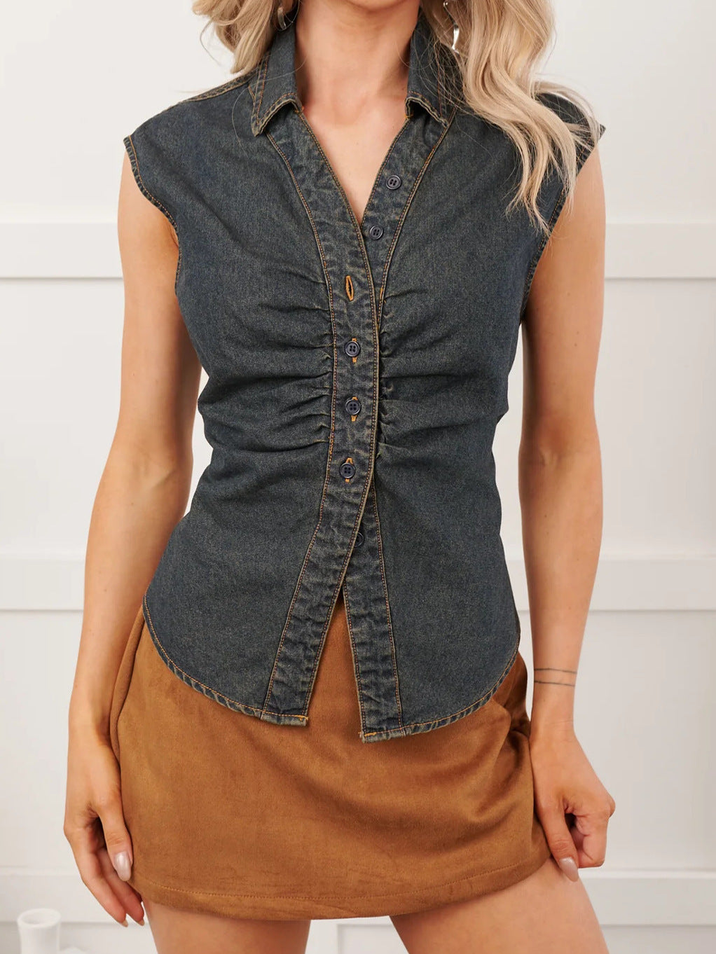 Slim-fit chemise manches courtes Polo Collar pour femme couleur solide Denim Top Veste de mode
