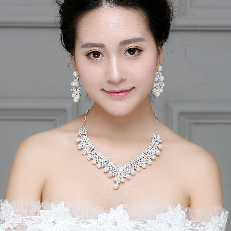 Collier en perles blanches diamant costume mariée accessoires de mariage boucles d'oreilles de cheveux ensemble 0284