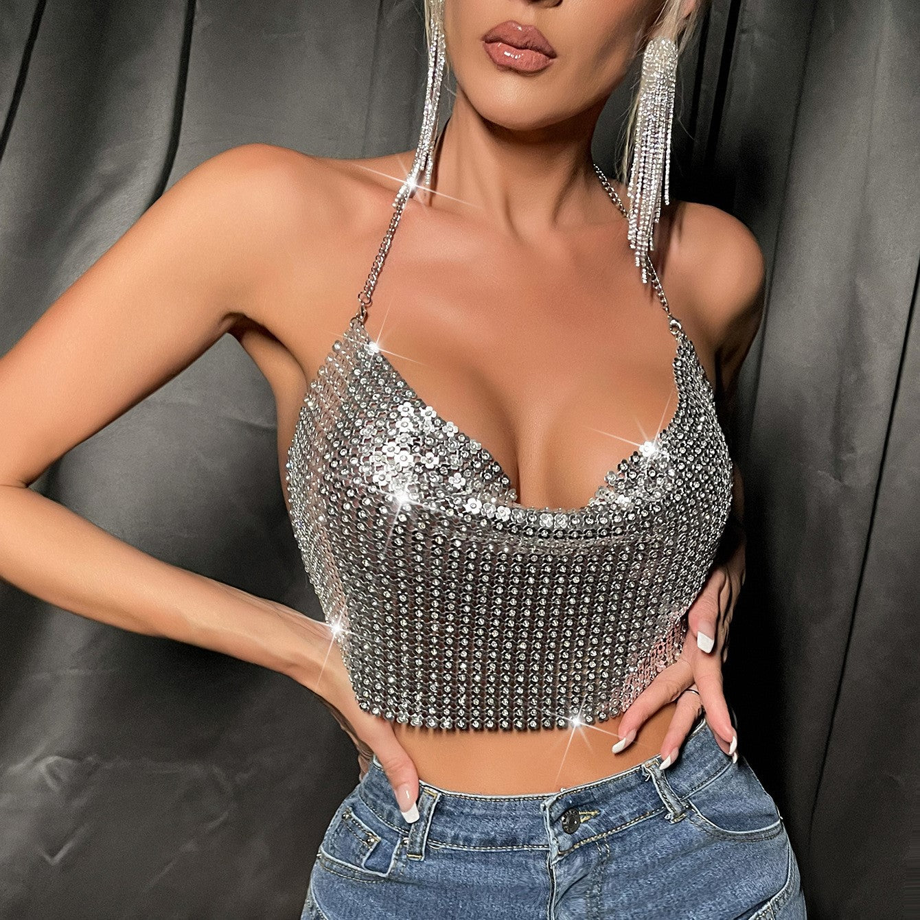 Metal Sequins Sling Party Nightclub Festival de musique Sexy Girl Top