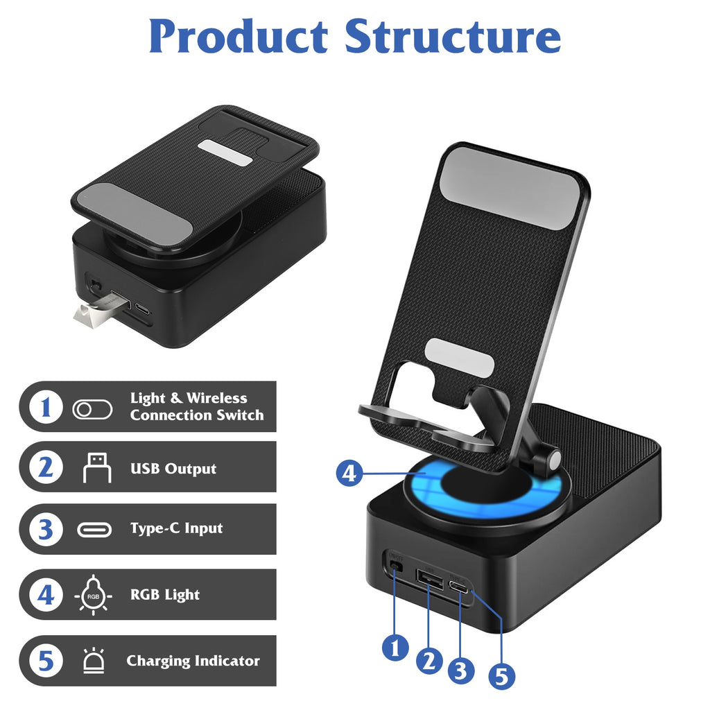 1Pc 4 En 1 haut-parleur sans fil pliable Support de téléphone avec Power Bank 360Degree Support rotatif