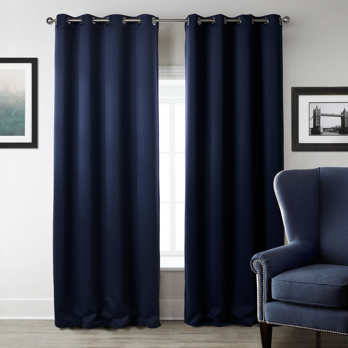 Rideaux imprimés en tissu noir de chambre bleu foncé