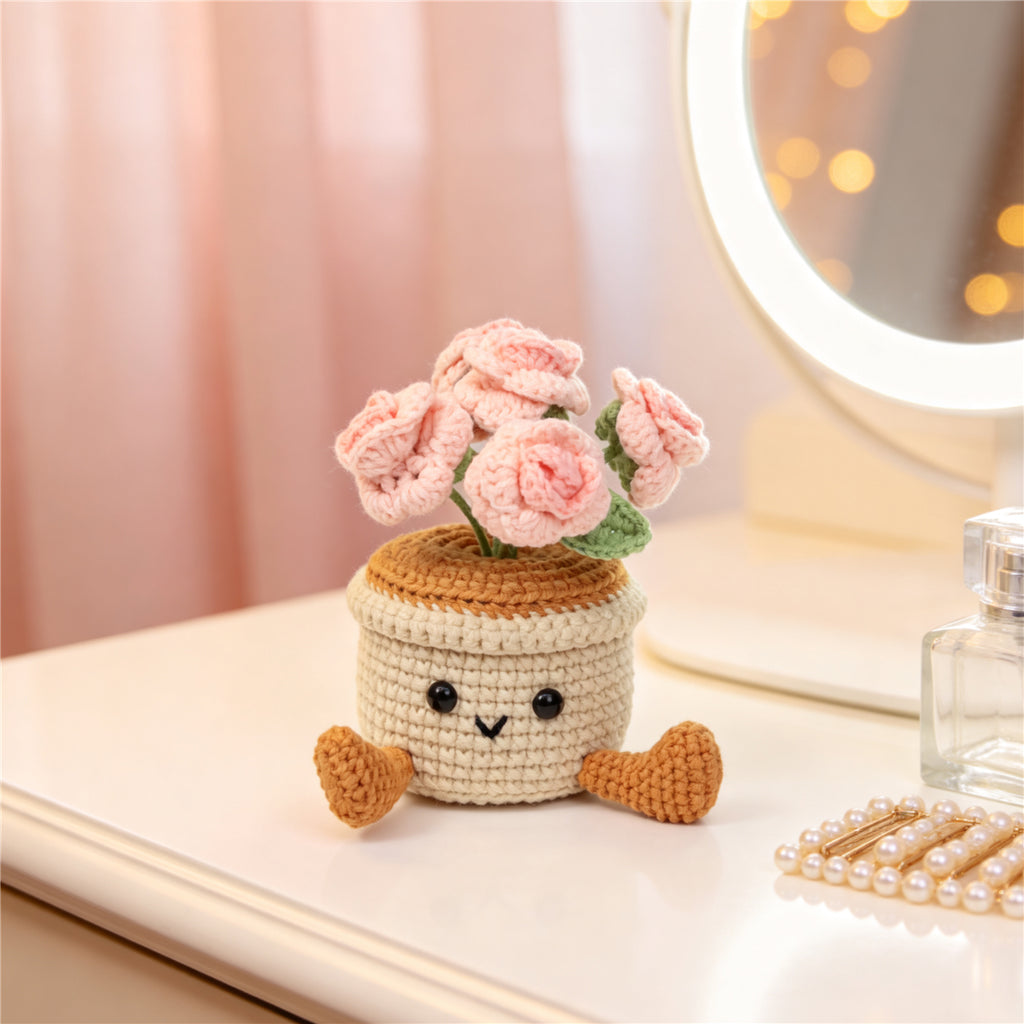 Crochet fait main multi coloré Rose Pot ornement Set de fil doux Everlasting Crochet Rose Bl