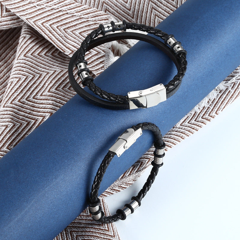 Bracelet en cuir tissé en acier inoxydable