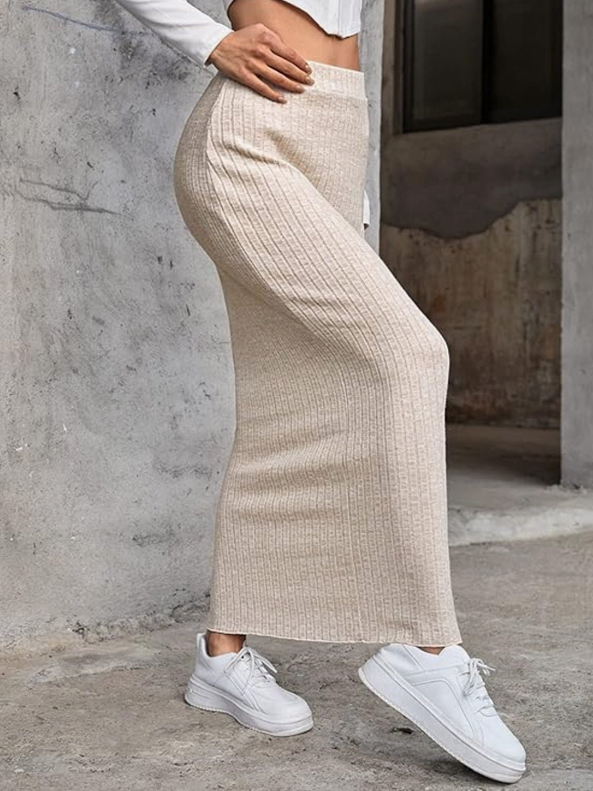 European And American Autumn And Winter Gentle Vertical Stripe tricoté Elastic Waist Comfo