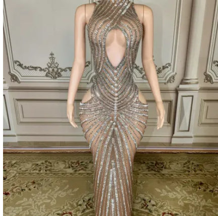 Femmes Sexy Mesh Hollow-Out Nightclub Robe de scène Performance Outfit Gown soirée