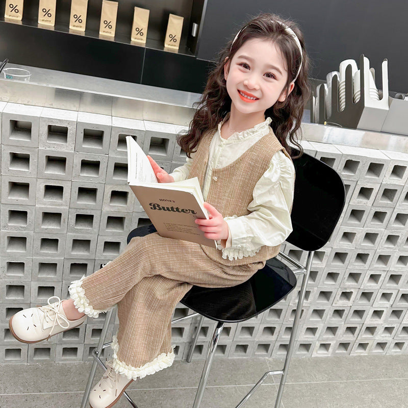 Chemise de Veste en dentelle et pantalons à jambes larges Ensemble de trois-pièces pour enfants