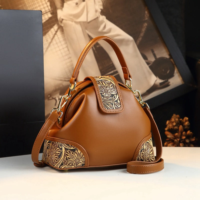 Sac d'épaule en cuir véritable mode avec carving en cuir et motifs floraux