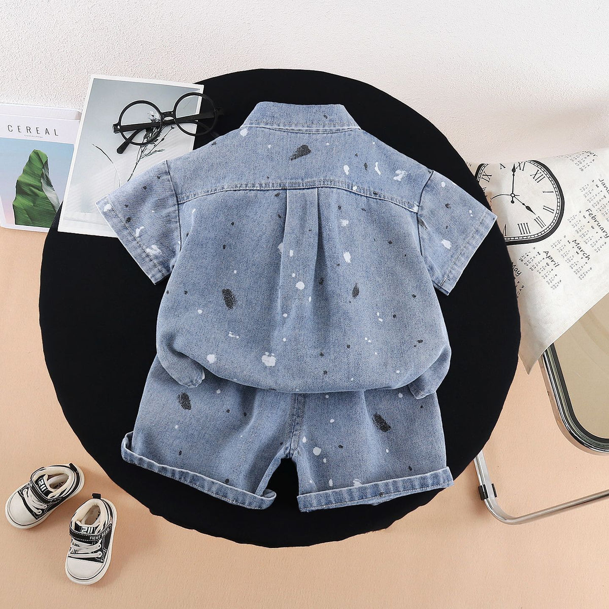 Garçons Western style mode Denim manches courtes Top et shorts trois pièces