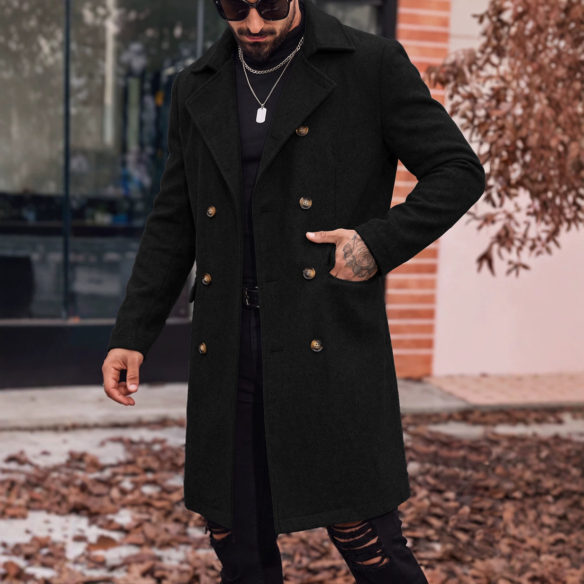 Manteau de tranchée de longueur moyenne en laine pour hommes