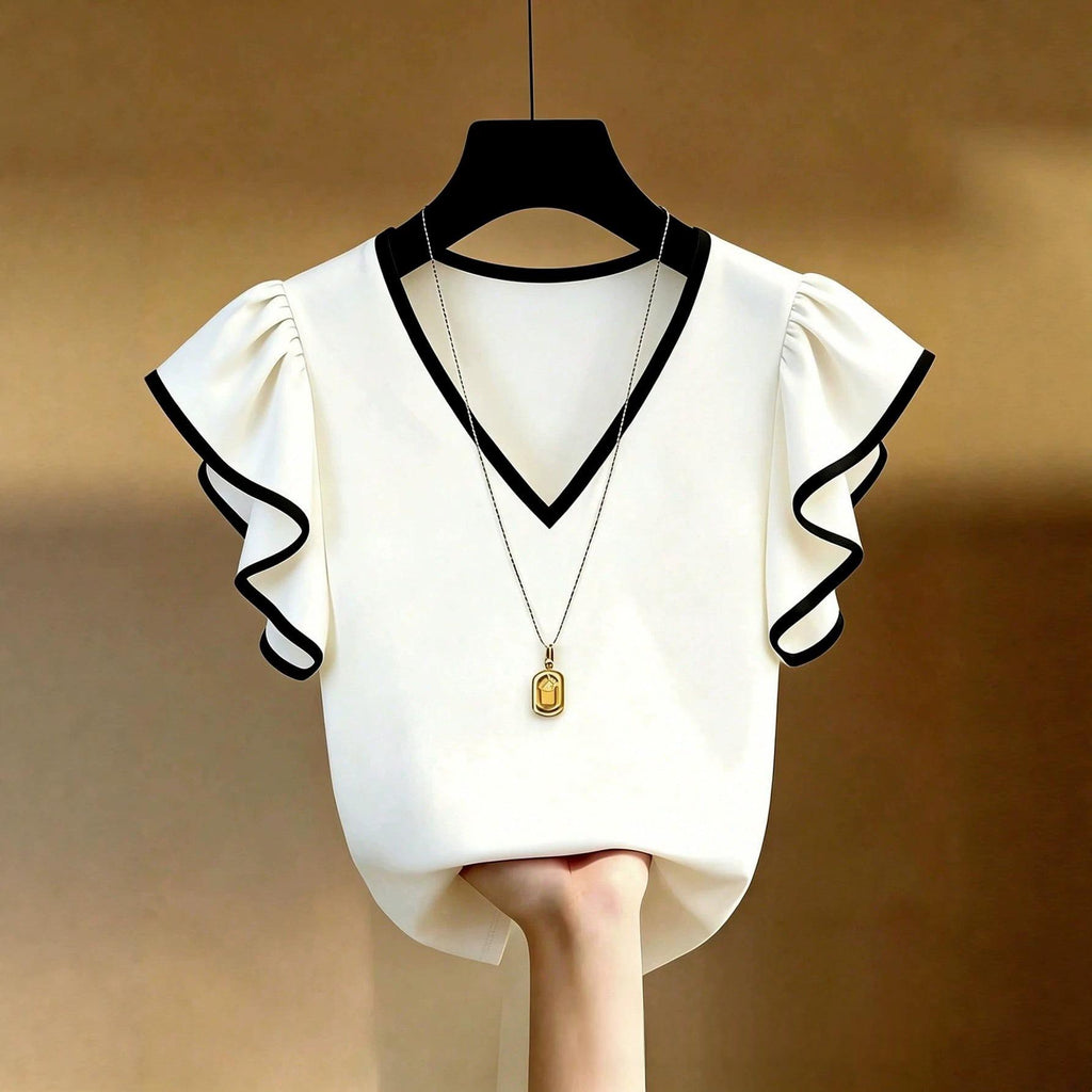 T-shirt contrastant polyvalent à col V à manchette pour femmes