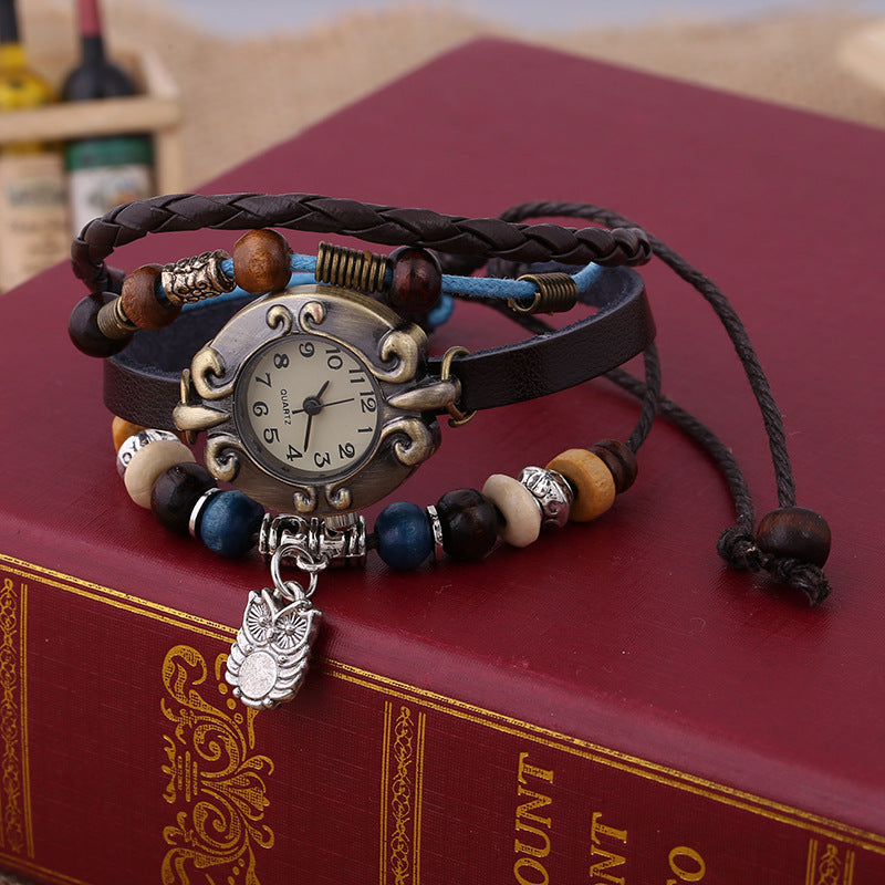 Montre Quartz pour femme Elégant bracelet en cuir de mode perlé