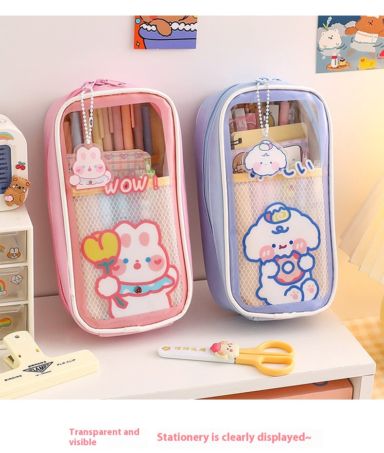 Cartoon papeterie grande capacité transparent et mignon étudiant stylo boîte de papeterie