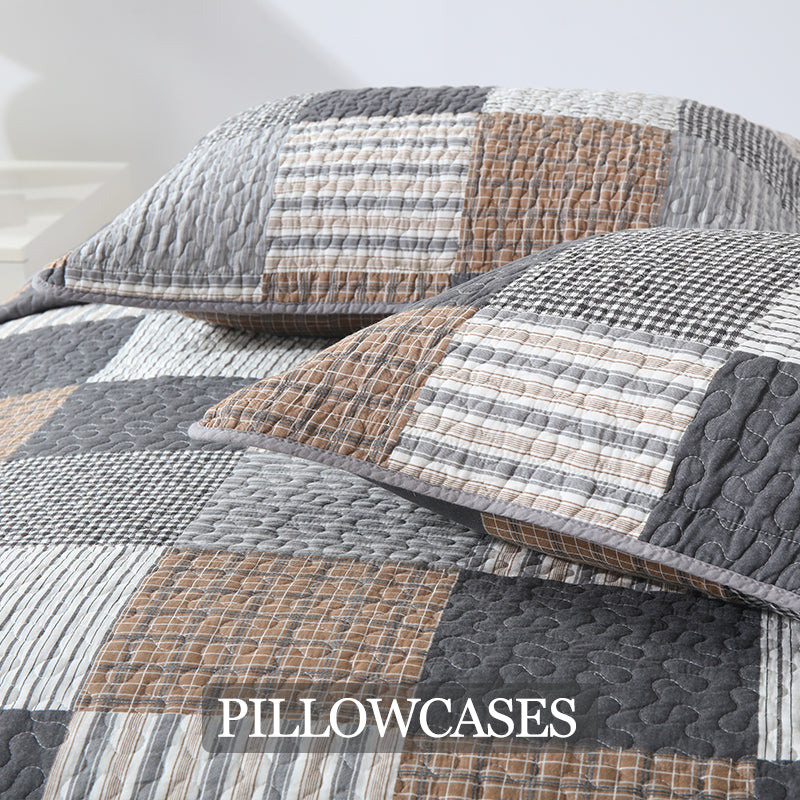 Cotton Reversible Quilt Bedspread Set French Country Checkered Print with Textured Stripe