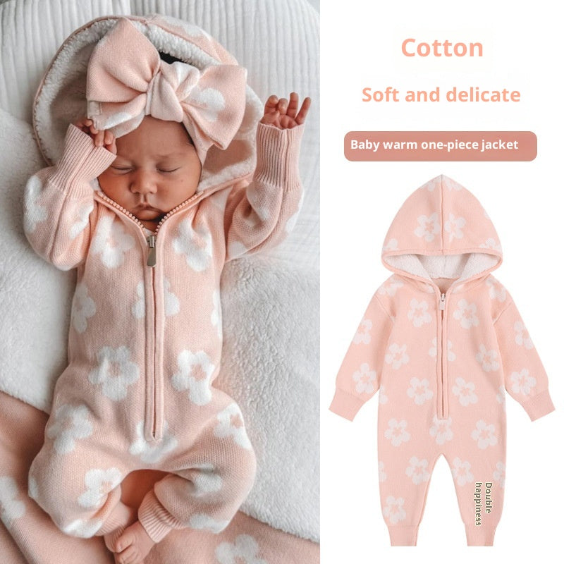Bébé Épaisseur en tricot Floral Zip-Up à capuche Onesie