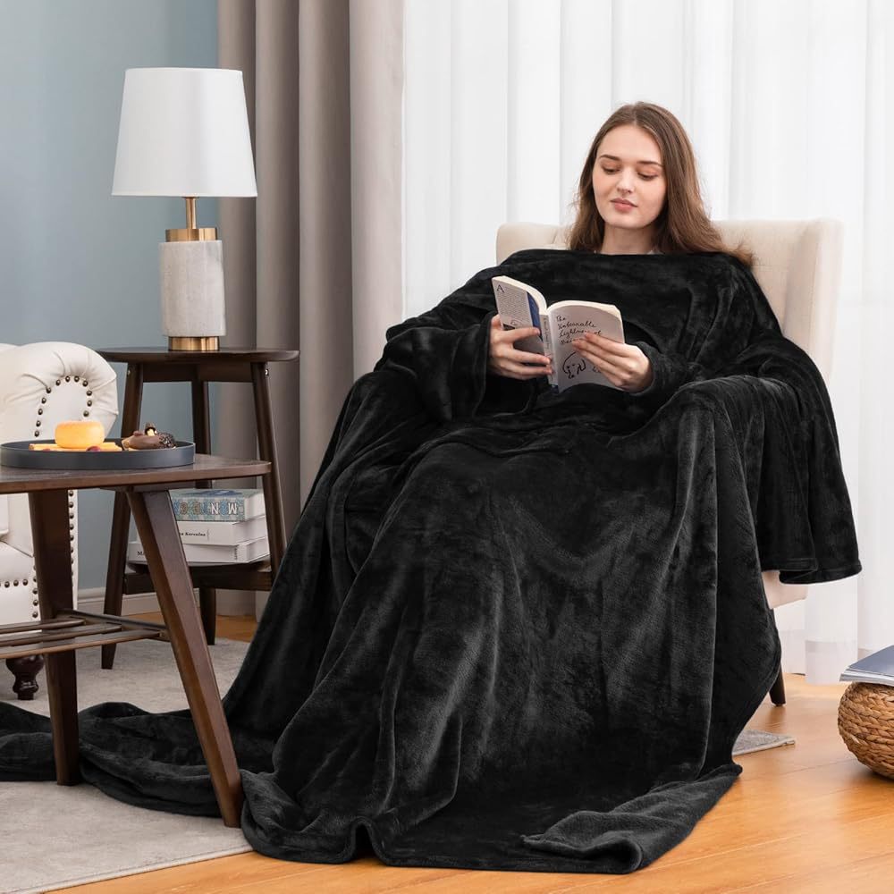 Châle épaissé avec larges poches Couverture à manches en flanelle