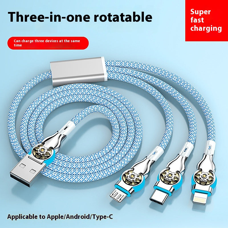 Triple Rotating Fast Charging Data Cable in One for Three Mobile Phones Charging