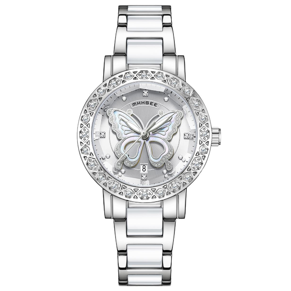 Butterfly Montre de luxe pour femmes avec calendrier et bracelet en acier