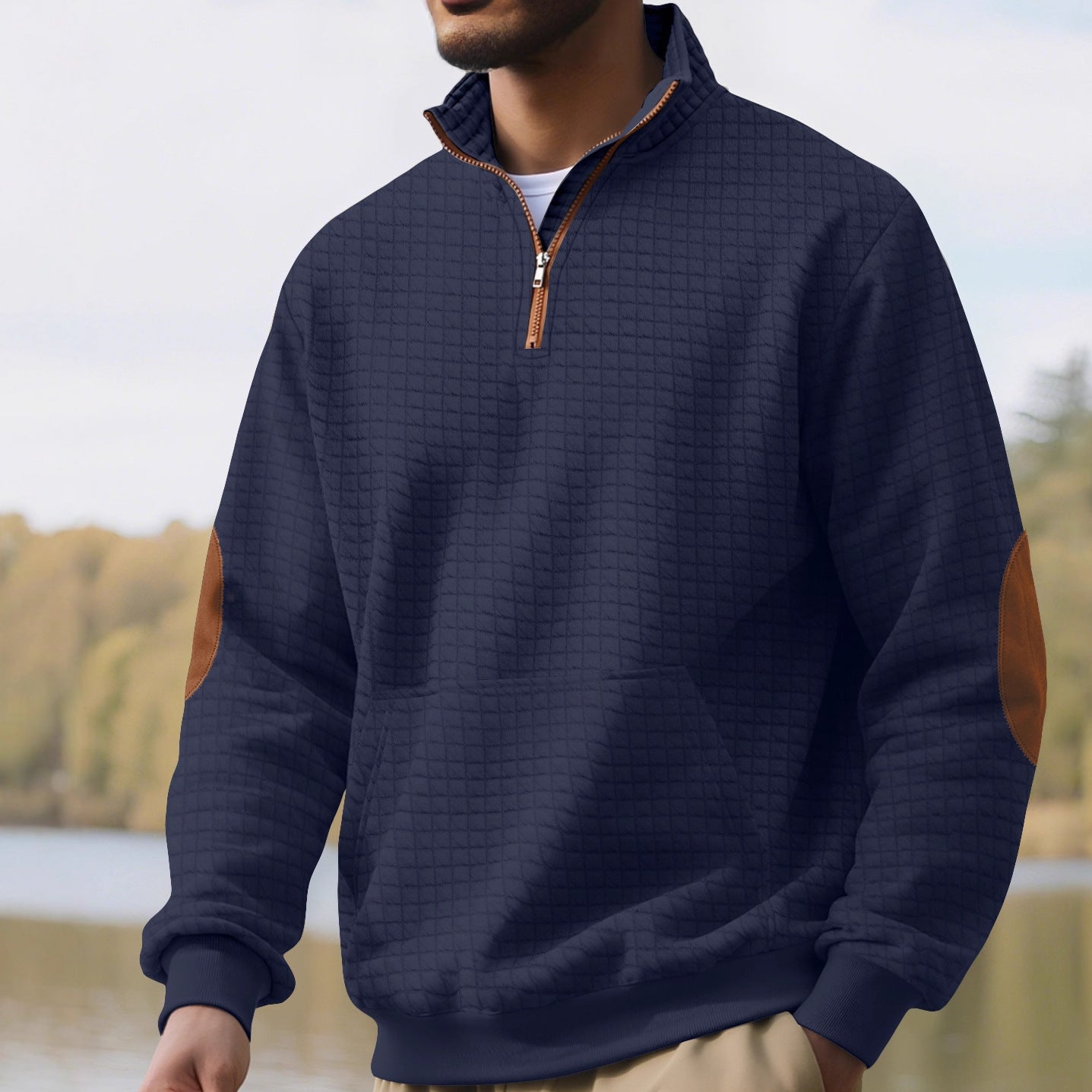 Hoodie casual homme manches longues avec une fermeture éclair et Suede détail