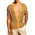 Homme Été Lapelle à couleur solide Hollow-Out Loose-Fit Respirant Manches courtes Top