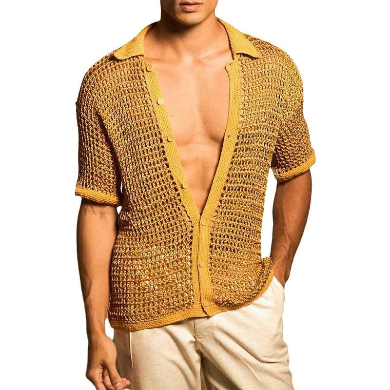 Homme Été Lapelle à couleur solide Hollow-Out Loose-Fit Respirant Manches courtes Top