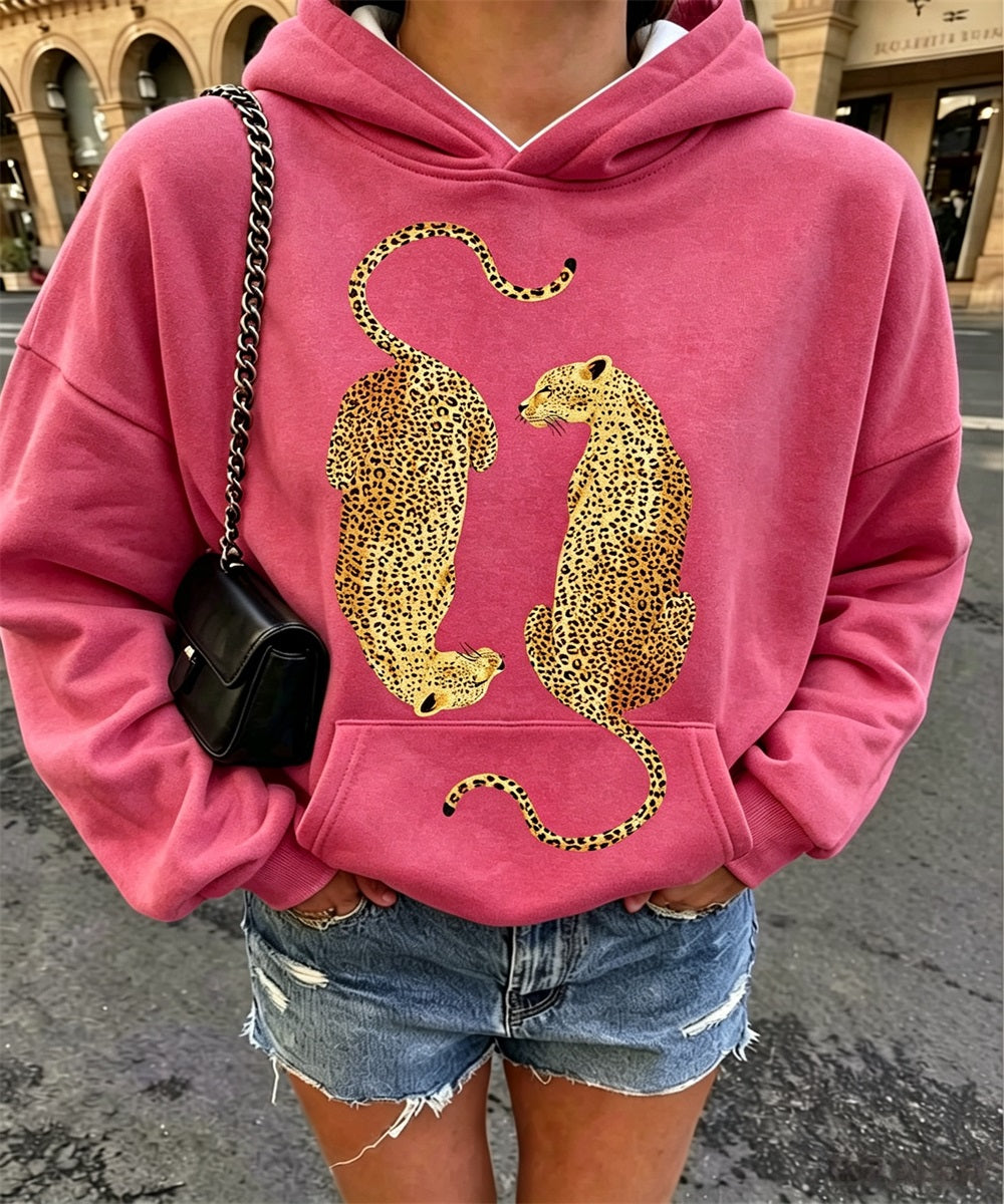 Femme Vintage Deux Léopards Graphic Print Hoodie