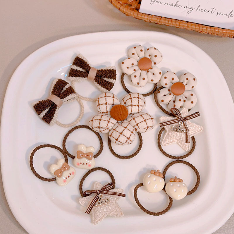 Lait Coffee Color Hair Ties pour les filles - Floral Pattern Bandes de cheveux élastiques Set pour la queue de cheval