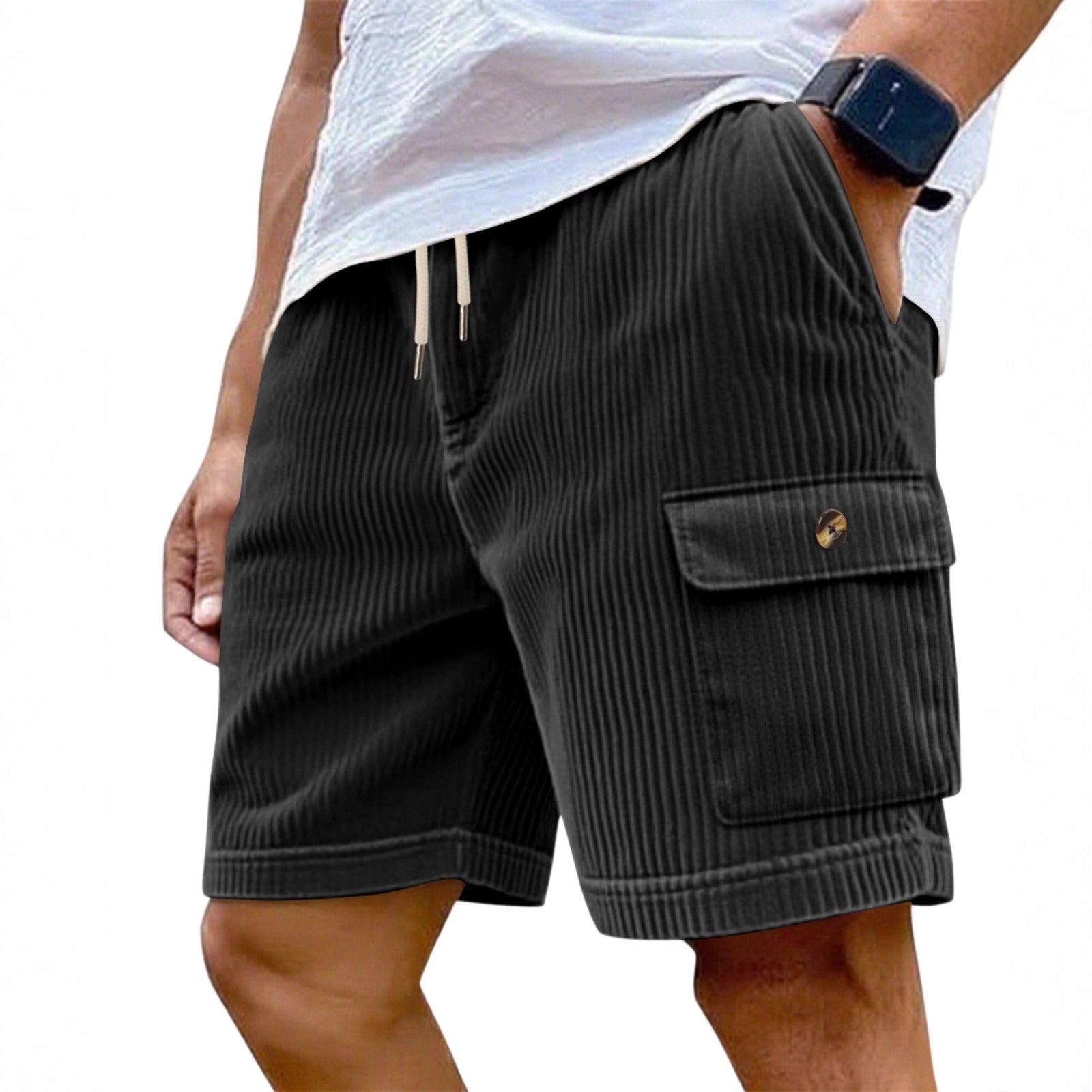 Été Corduroy Multi-Pocket Cinq points Short sport homme Dentelle-Up Casual Voiture de couleur solide