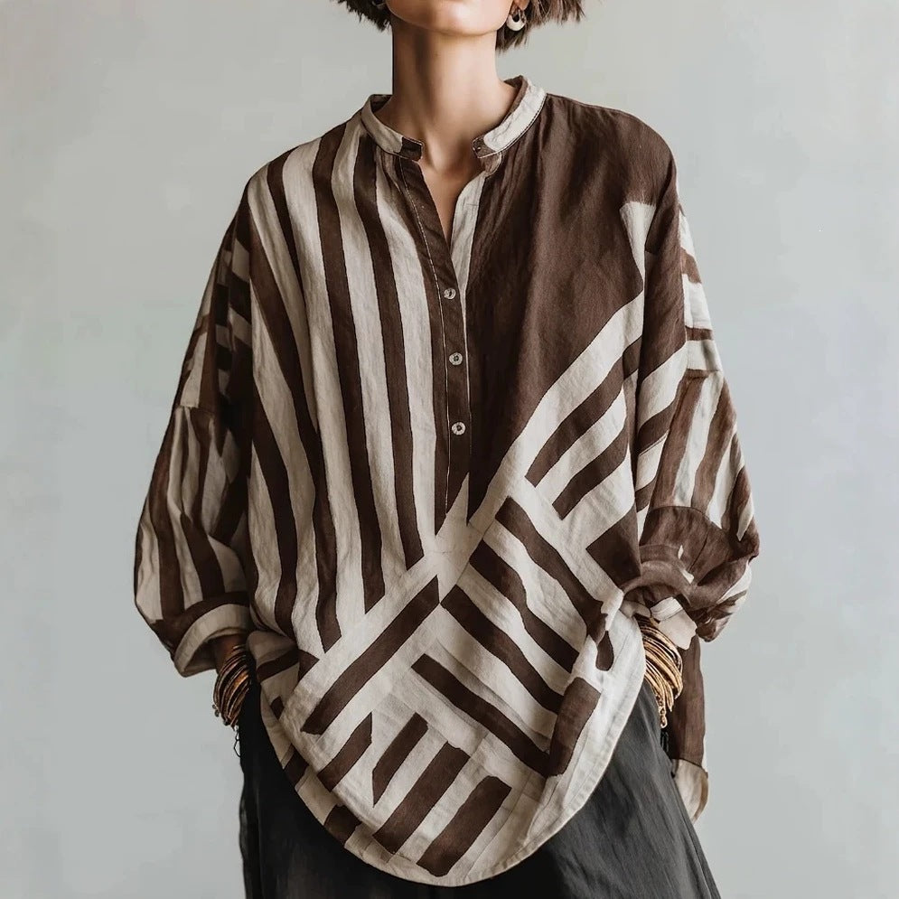 Chemise à manches longues en lin de coton imprimé rayé