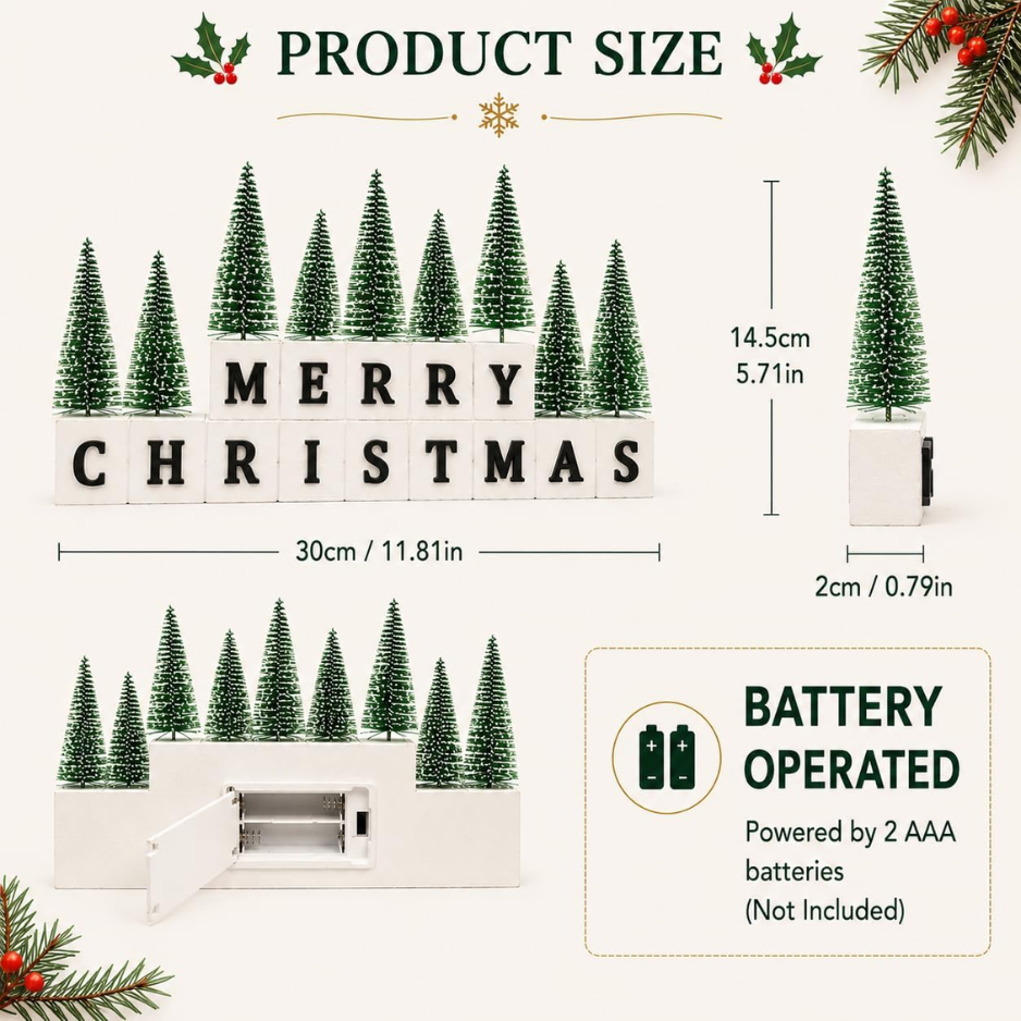 Décor de table de Noël avec mini arbres lumineux multicolores et lettres 3D en bois Noël S
